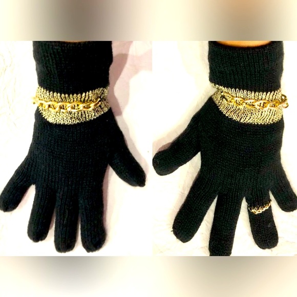 WINTER GLOVES with attached faux gold chain bracelets and ring size OS NWOT - Picture 5 of 8